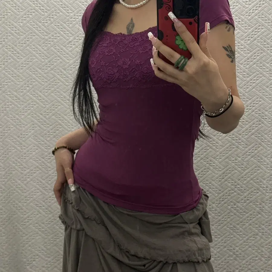 Y2K 레트로 갸루 란제리 레이스코어 딱붙핏 반팔티 K0508