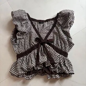 [새상품급] ZARA 자라 깅엄 체크 패턴 리본 포함 벌룬 상의 브라운
