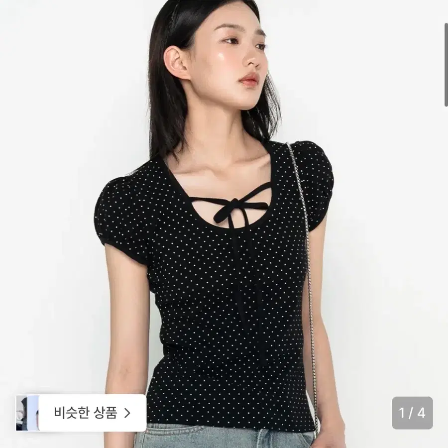 하이스쿨디스코 도트 리본 퍼프 티셔츠 블랙 새상품