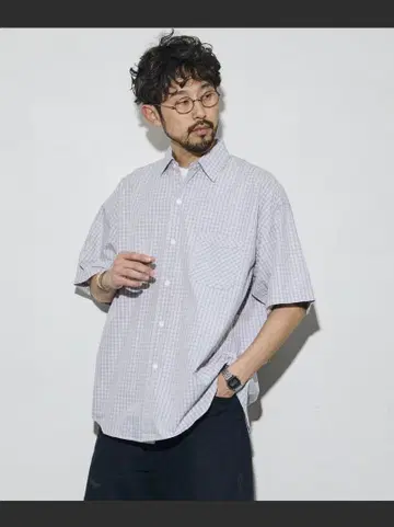 FREAK'S STORE HINSON 체크 무늬 반팔 셔츠 L 사이즈