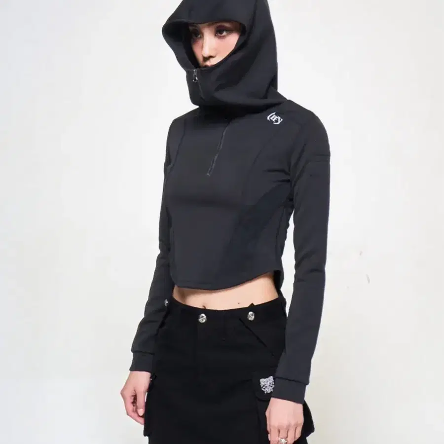 YEEL 패치 하이넥 후드탑 후드티셔츠 바디수트