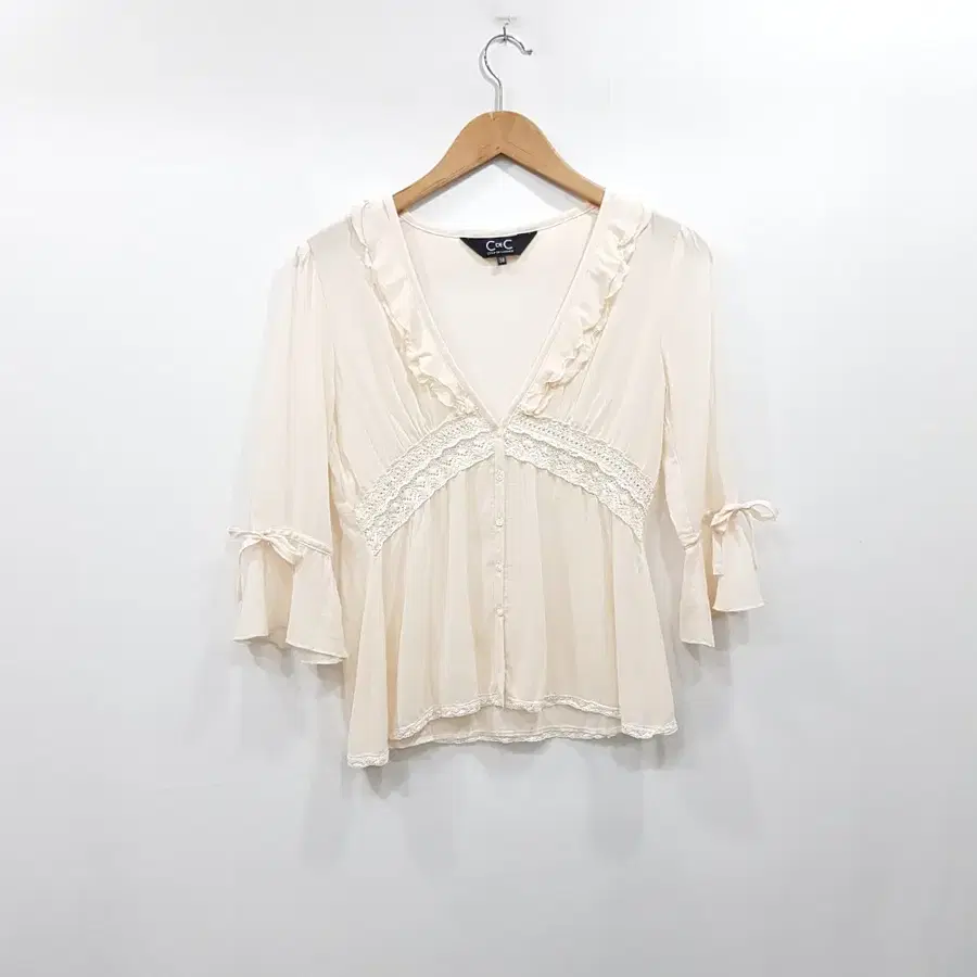 R744 빈티지 브이넥 러플 크로셰 모리걸 하구미룩 7부 블라우스 여M