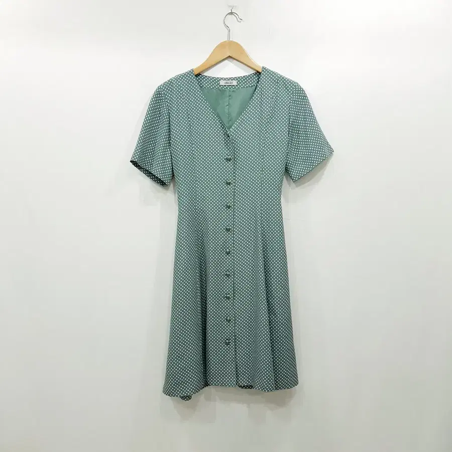 R747 빈티지 도트 패턴 리본 플레어 미디 반팔 원피스 여M