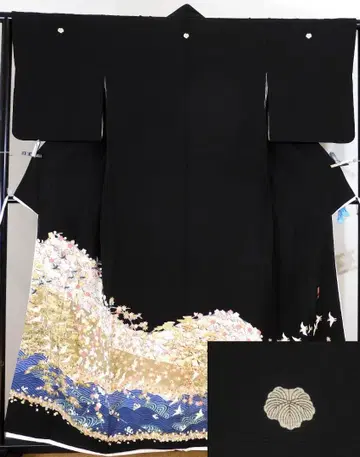 순수 실크 키요타카 작가 명 블랙 전례복 기모노 꽃밭에 새가 나는 길조 무늬