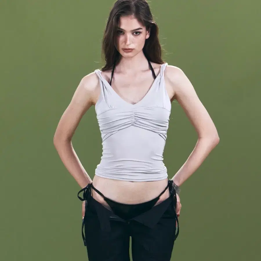 플노팔 Shell Shirring Sleeveless Top (Light Grey)