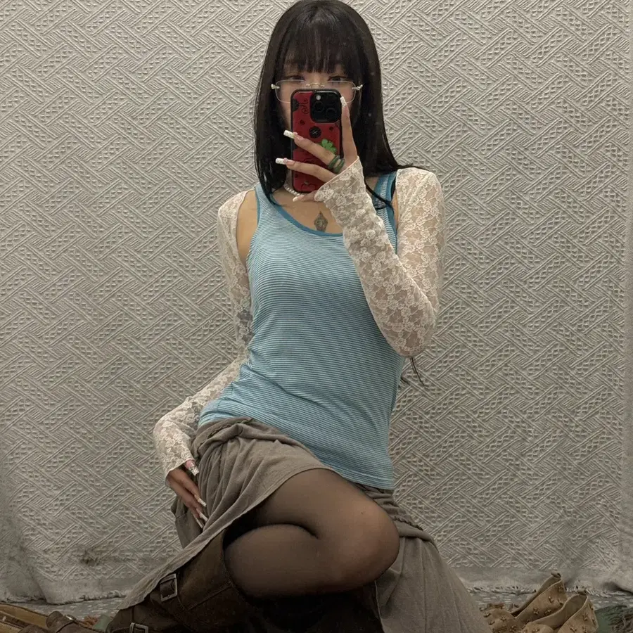 빈티지 재팬 클린걸코어 스트라이프 캡 슬리브리스 나시 K0520