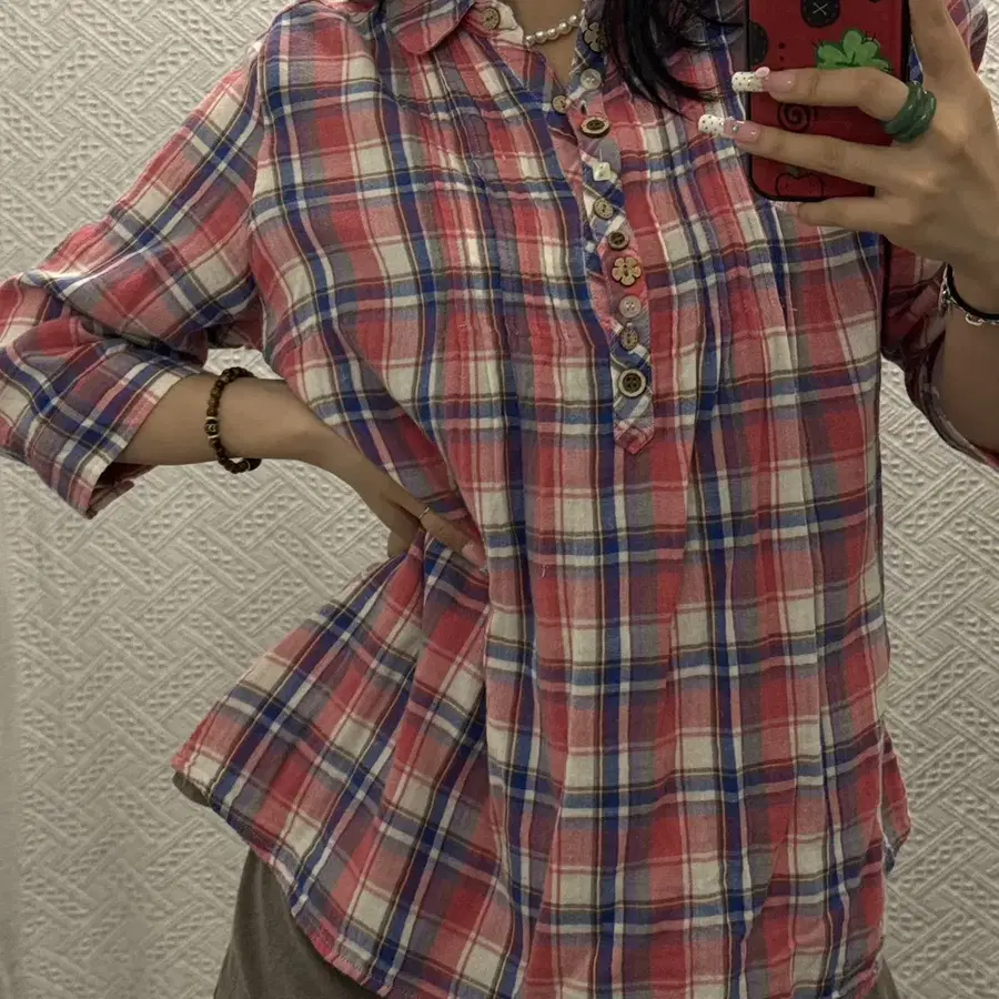 빈티지 재팬 컨트리 코지 모리 키치 나무단추 체크 셔츠 K0523