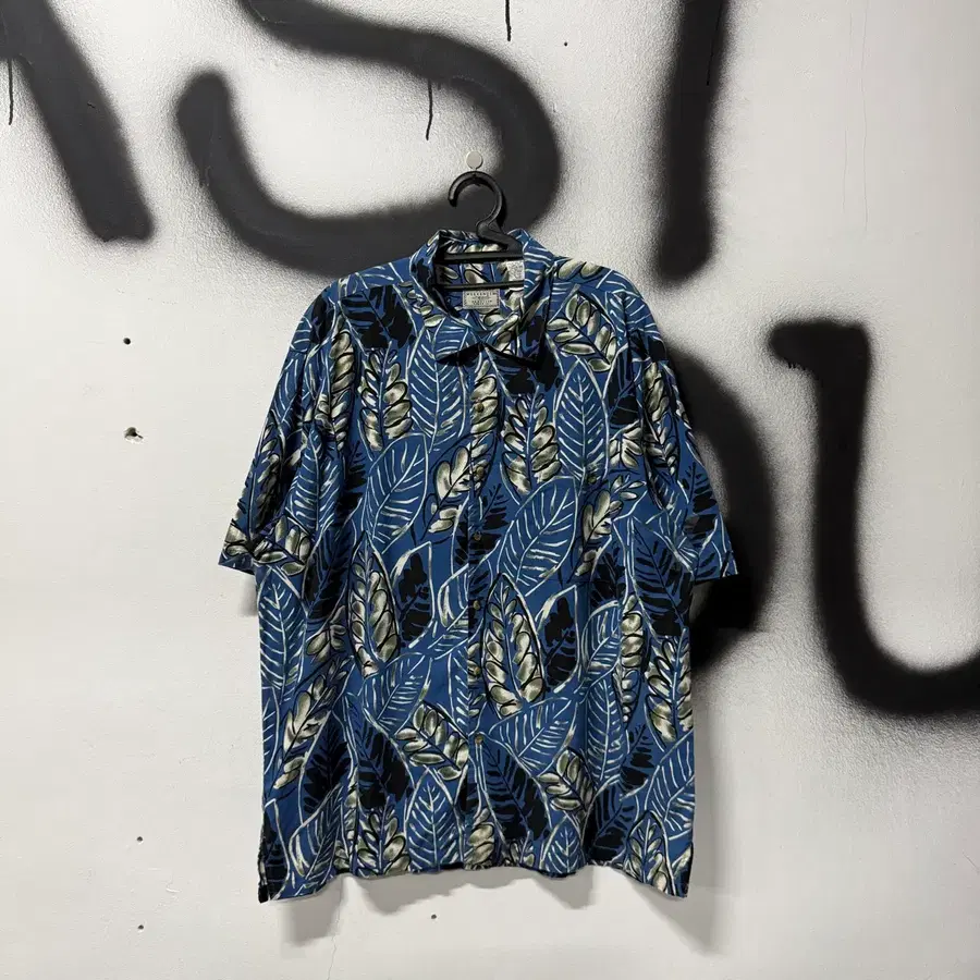 VTG 빈티지 리프 풀 패턴 레이온 코튼 혼방 원포켓 하와이안 반팔 셔츠