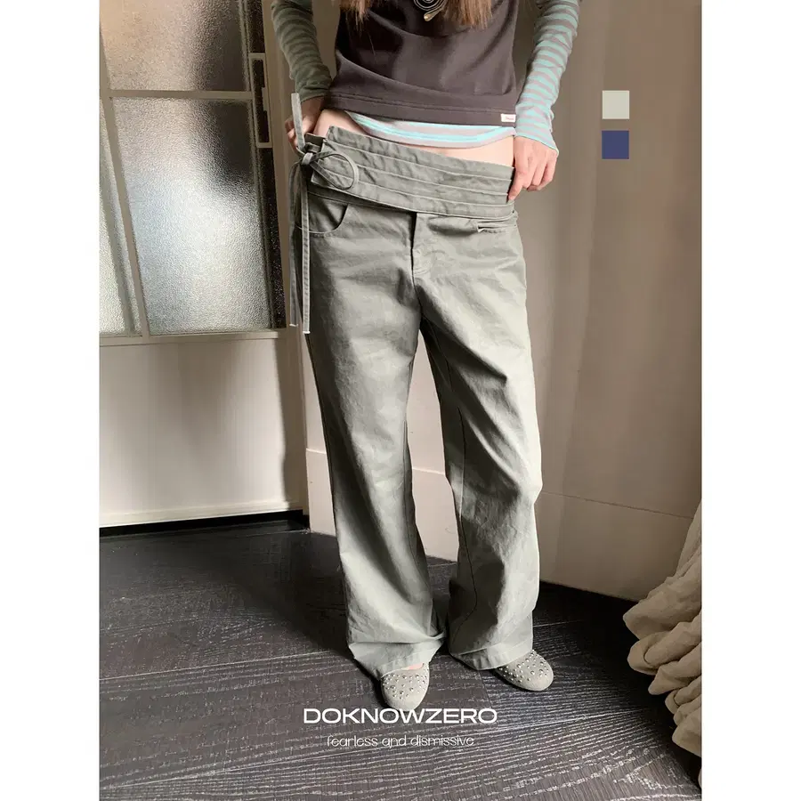 DOKNOWZERO 레트로 워싱 디스트레스드 그린 워크 팬츠