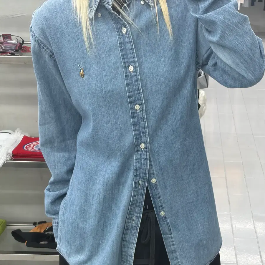 (M) 폴로 슬림핏 데님 버튼다운 셔츠
