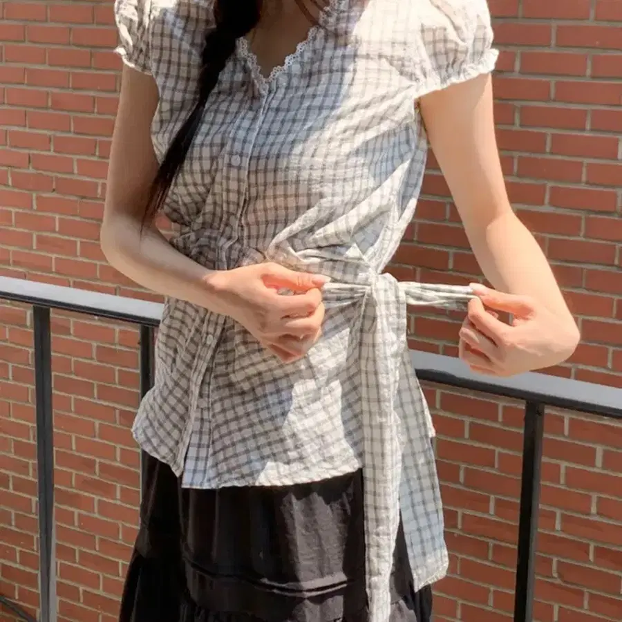시프트에잇 레이스 체크 셔츠 블라우스 (자체제작)