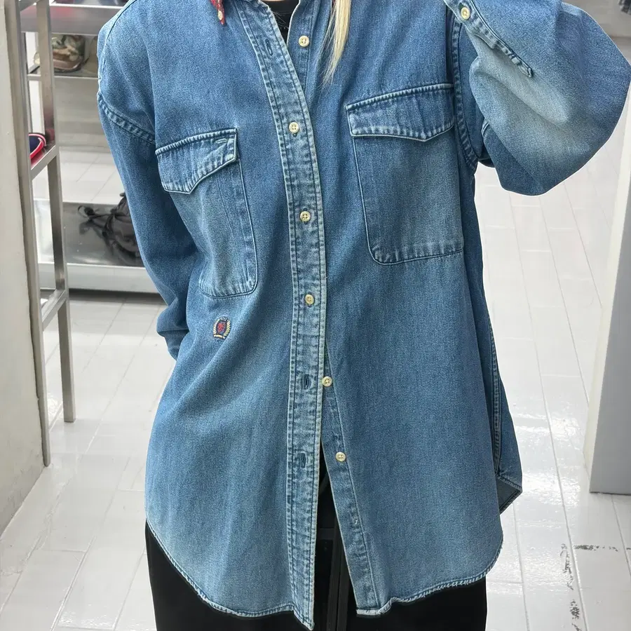 (L) 타미힐피거 90s 타탄체크 카라 데님 셔츠