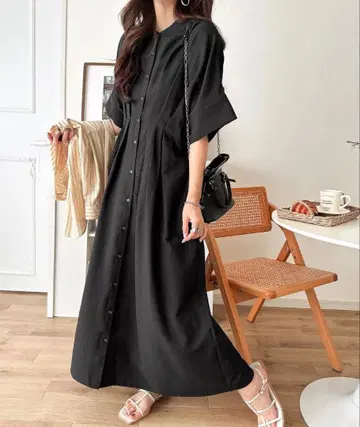 허리턱 반팔 셔츠 원피스 블랙