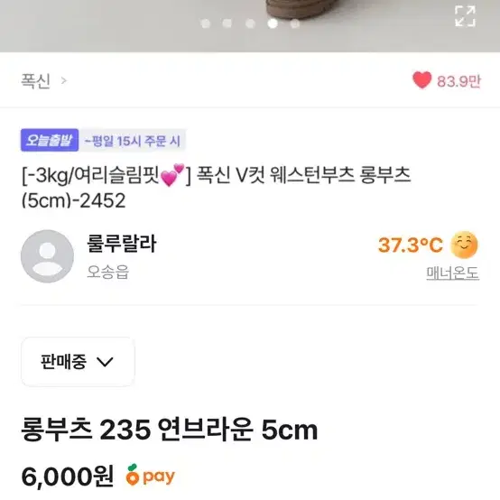 폭신 V컷 웨스턴부츠 롱부츠 연브라운 235