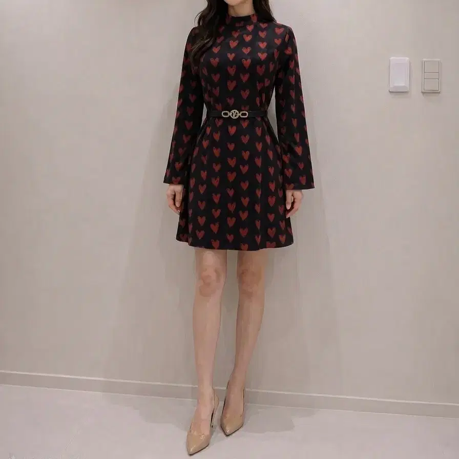 하트 패턴 레드 원피스