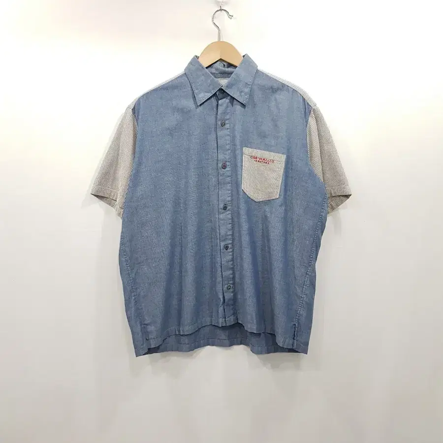 R261 까스텔바작 자수로고 중청 스트라이프 반팔 셔츠 남XL