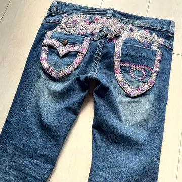 Y2K 00s 레드페퍼 꽃 자수 레이스 라메 스키니 데님 팬츠
