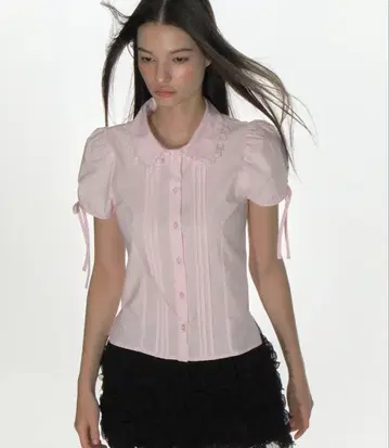 CRANK 핀턱 레이스 칼라 블라우스 핑크 반팔 한국