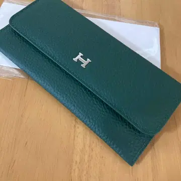 H 로고 장지갑 그린 가죽 롱 월렛