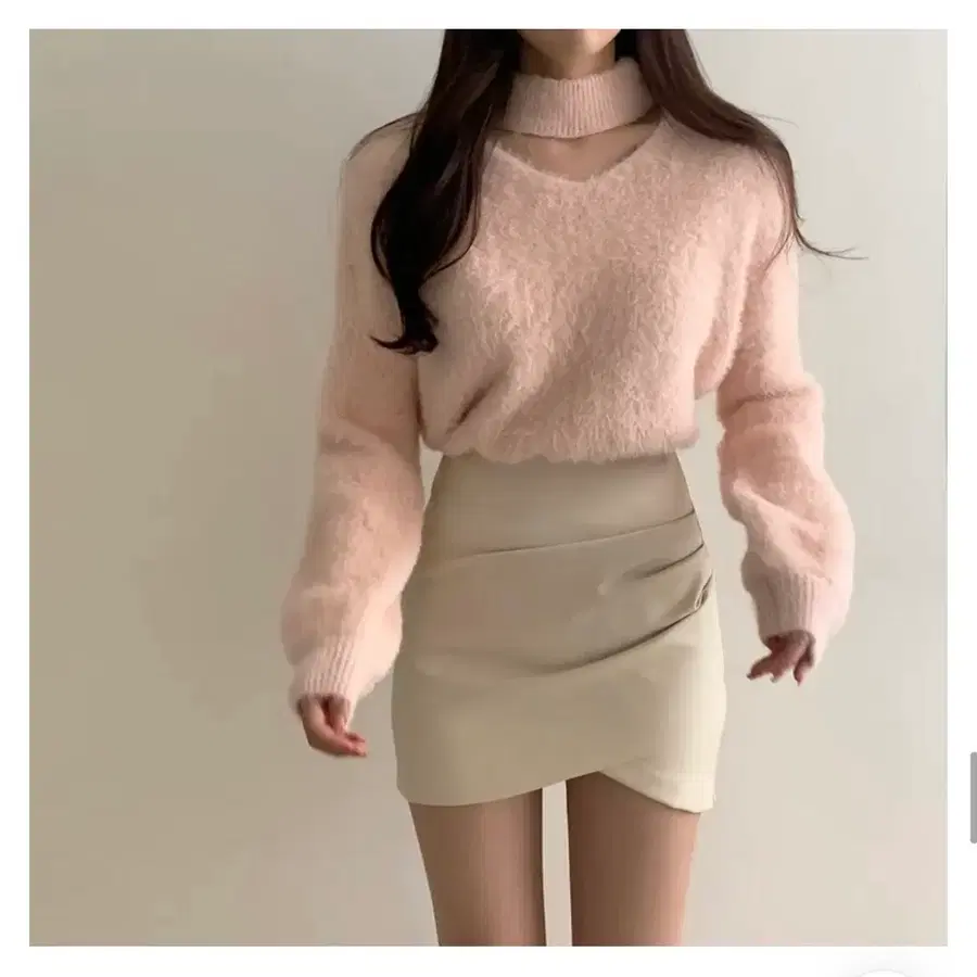 셔링 랩 레더 미니스커트 스커트 아이보리