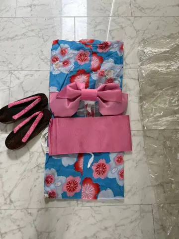 유카타 오비 일본 나막신 3세트 블루 꽃무늬