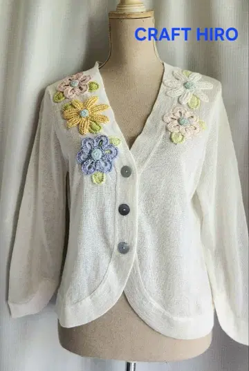 매우 새상품급 CRAFTHIRO 모티브 포함 린넨 볼레로 가디건 화이트