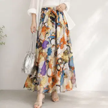 멜란지 melange 롱 플레어 스커트 올 패턴 허리밴딩 M 안감 있음