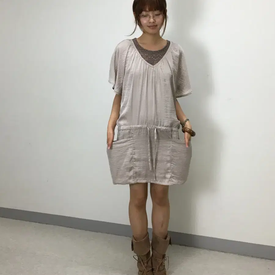 일본빈티지 베이지 브라운 반팔 원피스 보헤미안