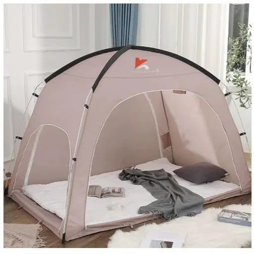 겨울철 필수 심플한 원터치 난방텐트 2~3인용 외풍차단 거실 침대용 그레이 핑크 200*150*145CM