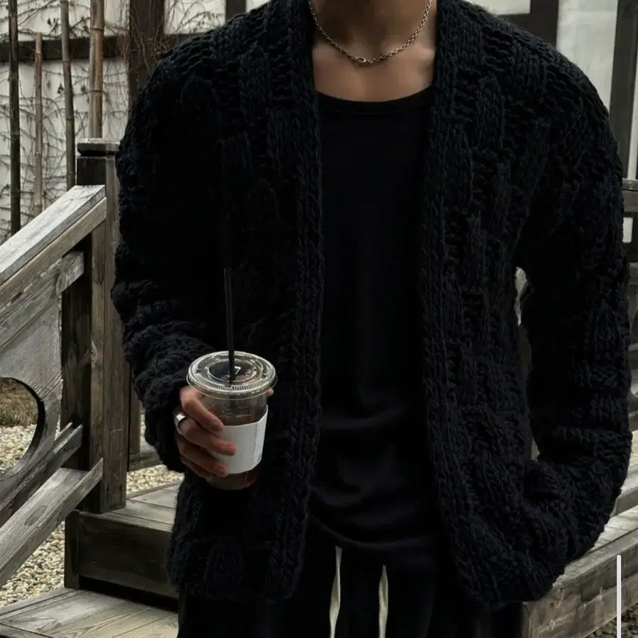 L / 블랙 ) 논카라 오버핏 헤비 가디건