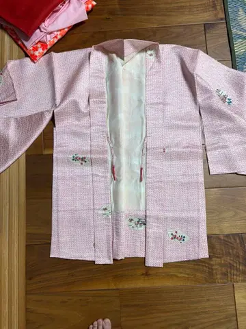 겉옷 핑크 바탕 부채 문양 기모노 코트