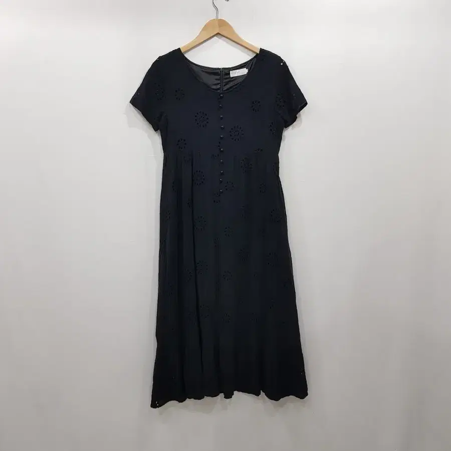 R854 JPN 빈티지 검정 크로셰 펀칭 반팔 롱 원피스 여M