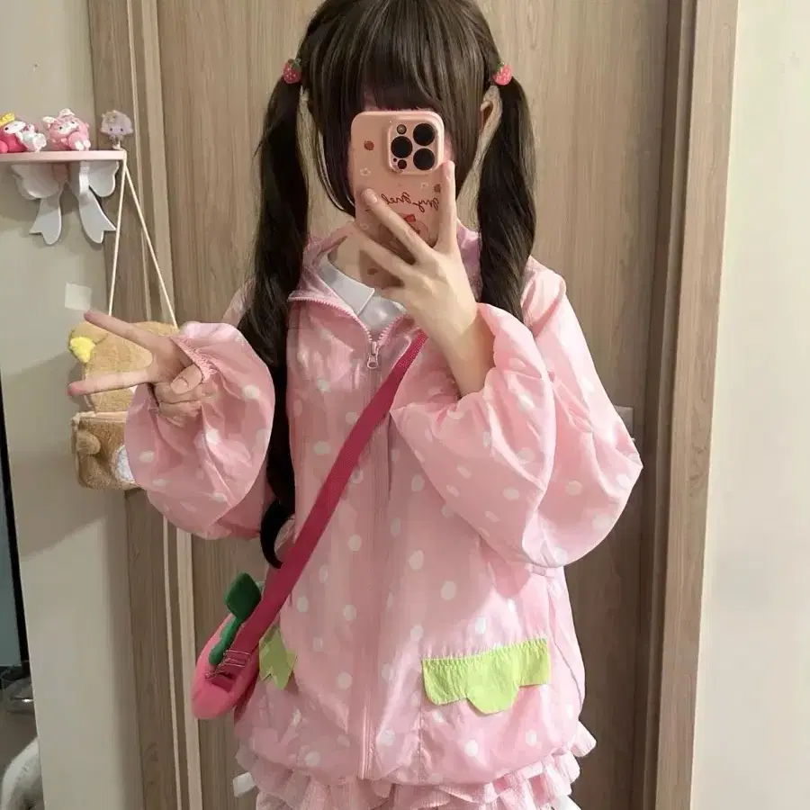 서브컬처 핑크 물방울 베어 블라우스 봄가을 얇은 바람막이