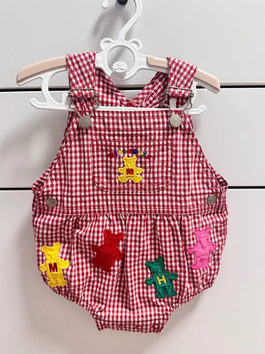 미키하우스 레드 체크 롬퍼 85