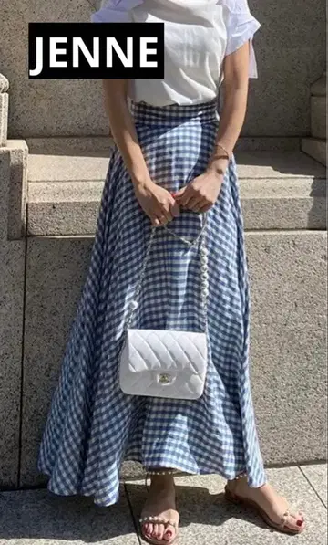 JENNE 제뉴 에어리 프렌치 플레어 스커트 깅엄 체크 블루 S