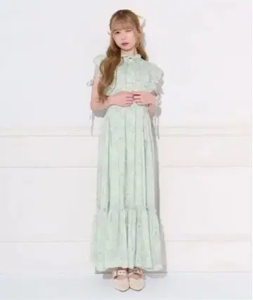 apres jour 소매 리본 모듬 무늬 프릴 원피스 민트