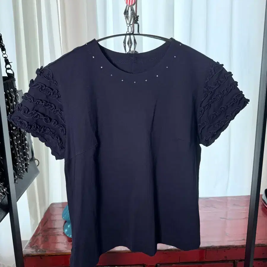 Crystal Embellished Navy Ruffle Blouse / 넥 큐빅 셔링 프릴 블라우스