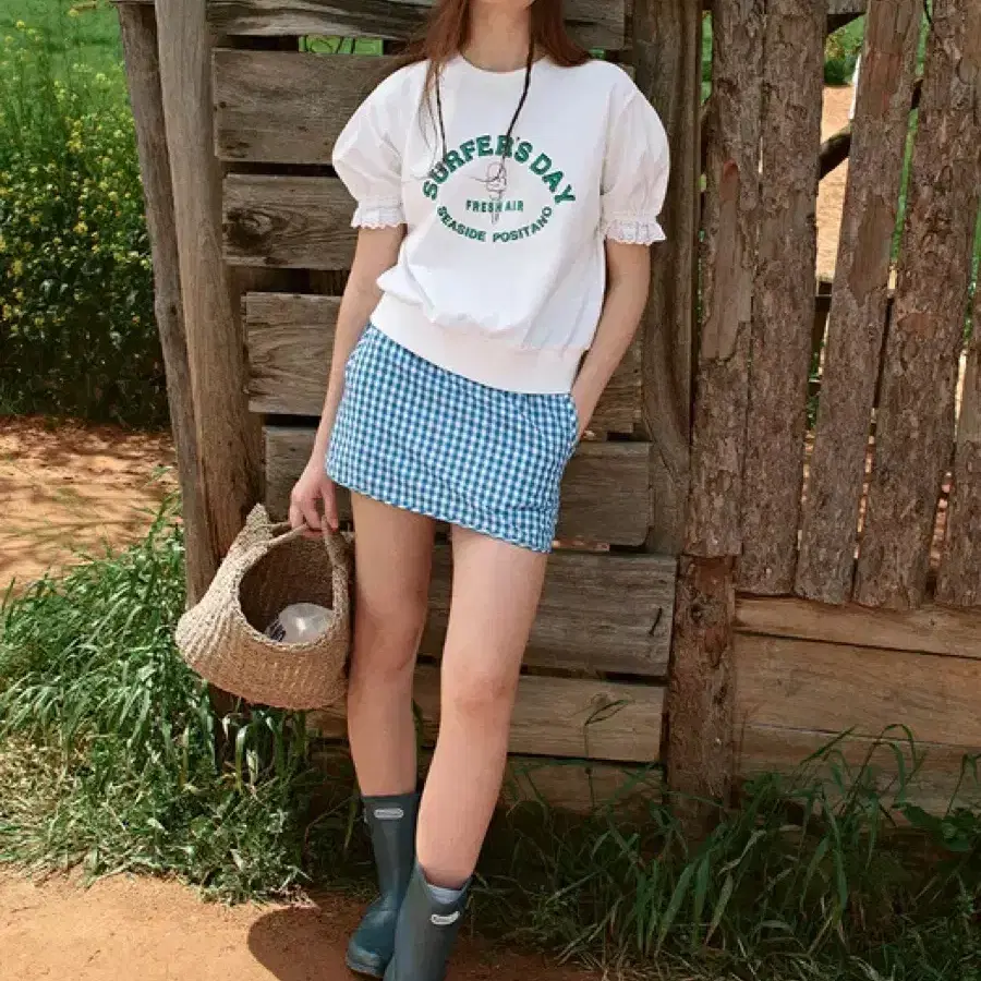 새상품) 앤유 daisy 데이지 밴딩 미니 스커트 깅엄체크 치마바지 블루 파랑 파란색