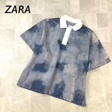 ZARA 얼룩 염색 옷깃 티셔츠 셔츠 반팔 네이비