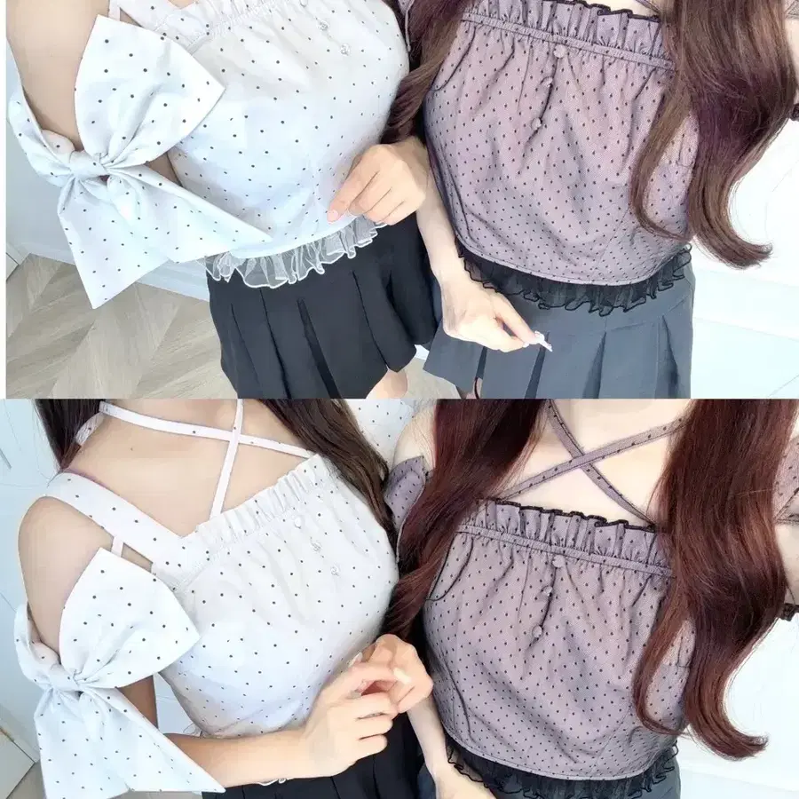 에블린 evelyn 숄더 리본 오프숄더 크롭 반팔 블라우스