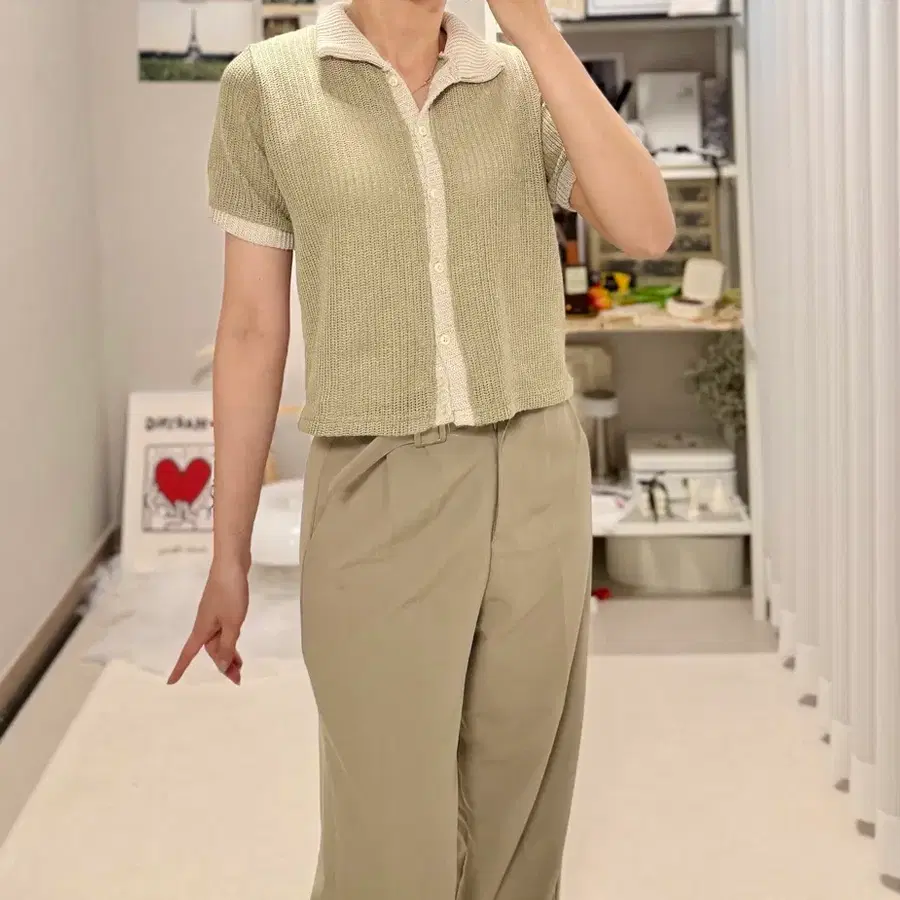 여름 반팔 니트 카라 카키 배색 가디건 크롭 베이지