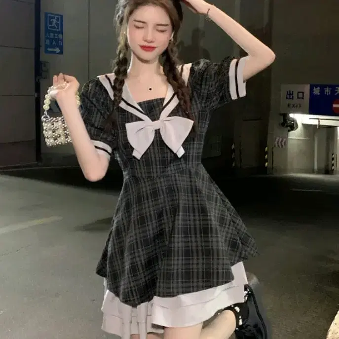 로리타 양산형 큐티 프릴 프레피룩 레이스 리본 체크무늬 세라복 반팔 퍼프 원피스 DR-60