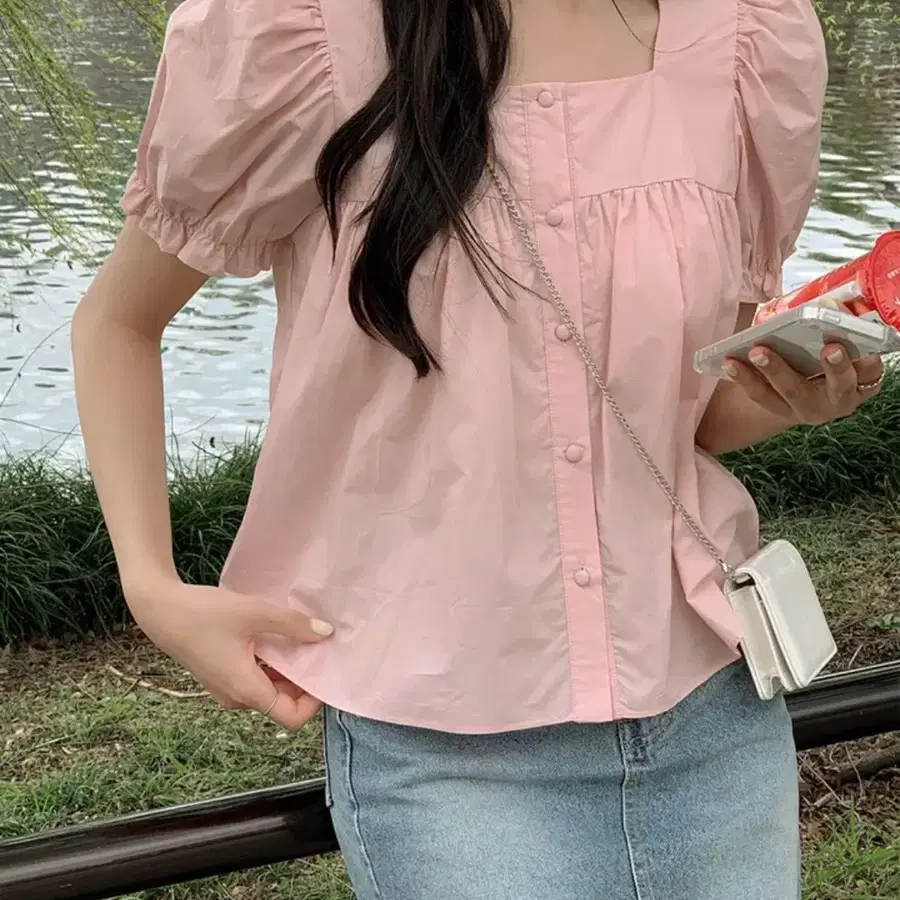 케이클럽 로하 스퀘어넥 퍼프 블라우스 / 핑크 M