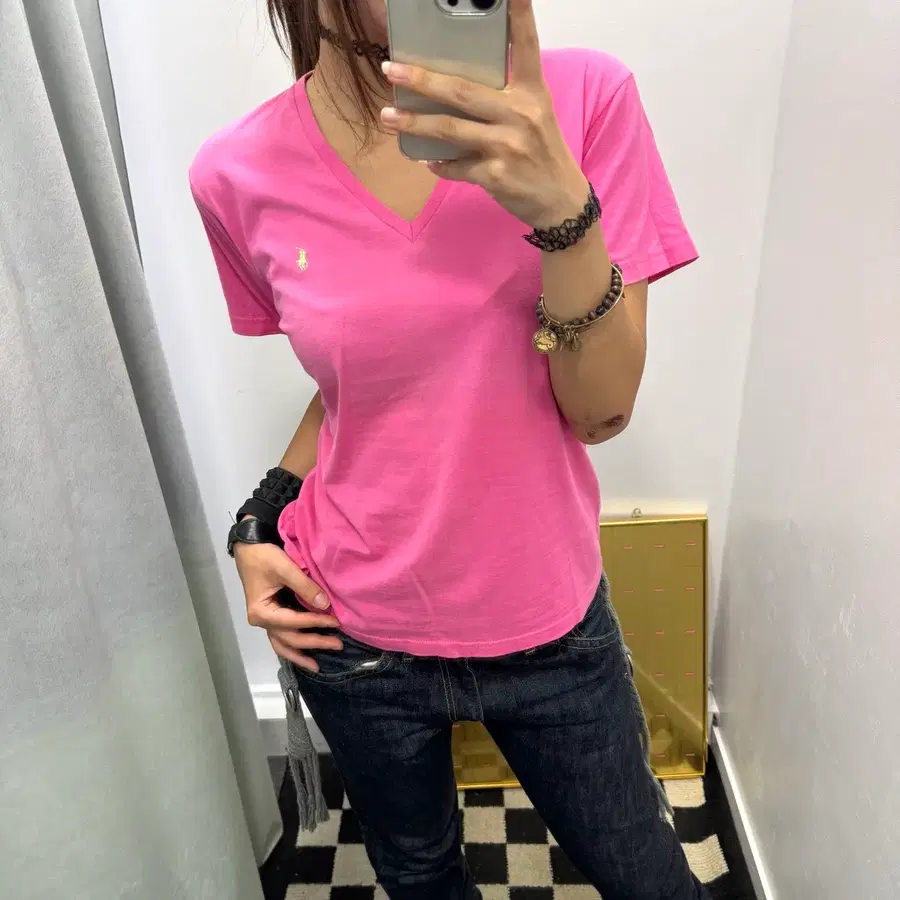 폴로 핑크 브이넥 반팔 티셔츠