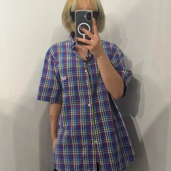 L 챕스 반팔 버튼 다운 체크 셔츠 블루