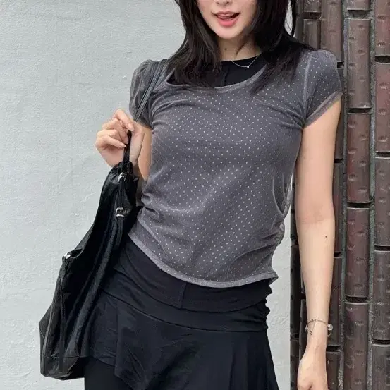 미쏘 도트 시스루 레이어드 티셔츠 새상품