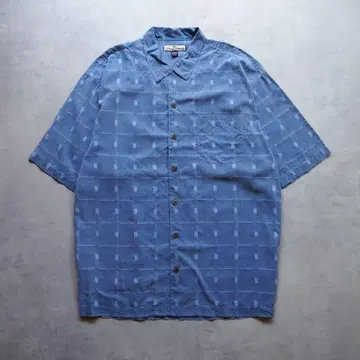 타미힐피거 실크 100% 하와이안 셔츠 XL 블루 기하학 격자 무늬