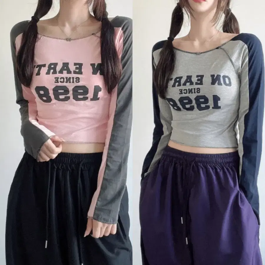 배색 나그랑 긴팔티 핑크/그레이