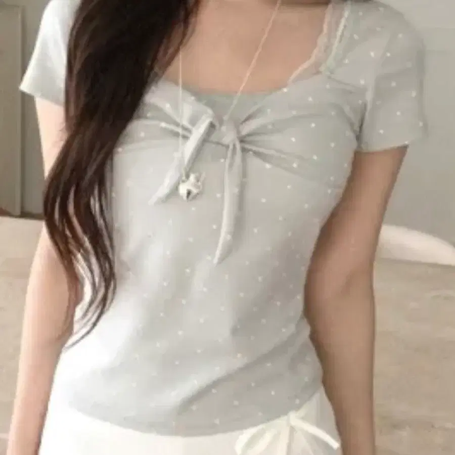 에이블리 반팔 리본 민트 도트