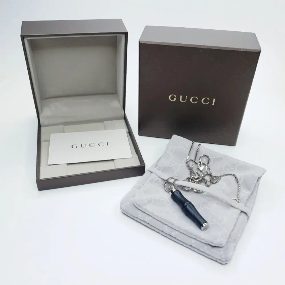GUCCI 구찌 가죽 뱀부 스털링실버 925 큐브체인 실버 롱목걸이 A181